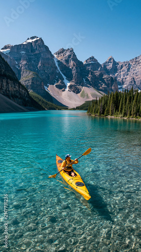 Kayaker paddles in clear water by mountains in a bright sunny day