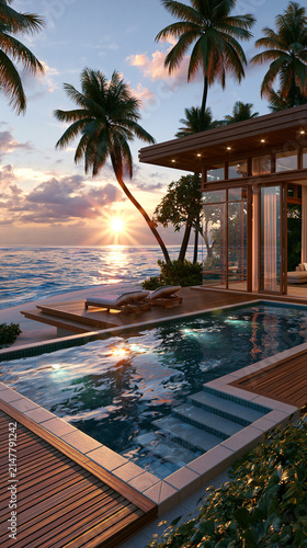 Sunset view from a pool area at a beachside villa in tropical setting