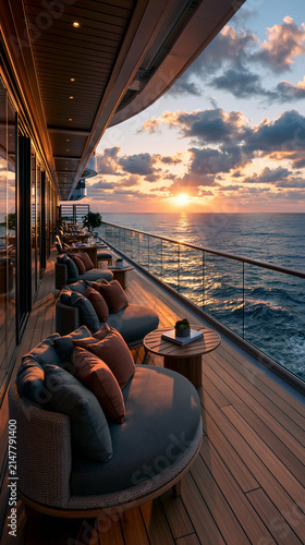 Sunset view from outdoor seating area on a luxury ship