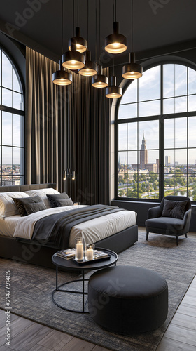 Modern bedroom with large windows and city view in late afternoon
