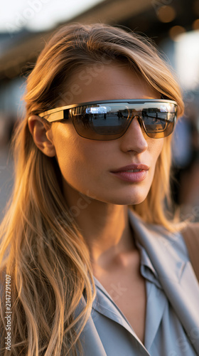 Woman with sunglasses stands outdoors during sunset