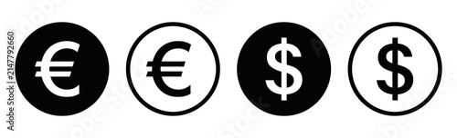 Set of four black and white coin icons featuring euro and dollar currency symbols for financial design