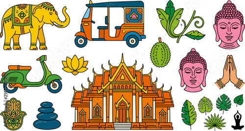 Thailand Cultural Icons and Symbols Vector Illustration Set on Black Background.