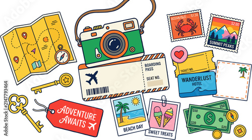 Travel and Adventure Illustration Set with Camera Map and Passport Elements.