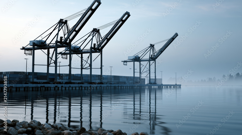 Naklejka premium Industrial harbor crane container shipping water foggy morning reflection calm