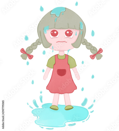 Sad anime chibi girl standing in rain and puddle