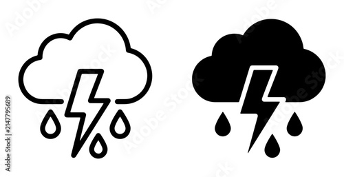 Thunderstorm Icons, Weather Cloud Lightning Rain Symbols, Stormy Sky Vector Graphics, Natural Phenomenon Outline and Filled Set