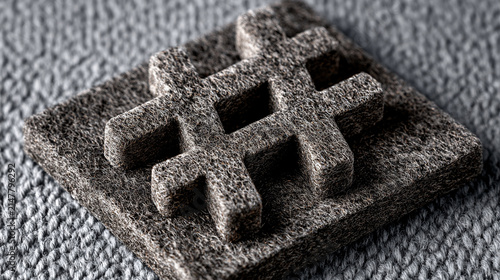 Hashtag symbol carved from a block of dark grey stone or heavy felt material rests on a textured fabric surface.