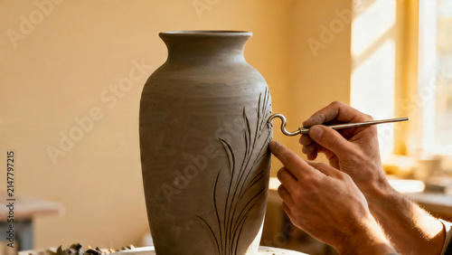 Artist Hands Carving Texture on Raw Clay Vase