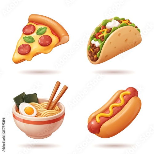 Fast food favorites collection featuring pizza slice taco ramen bowl and hot dog, pepperoni