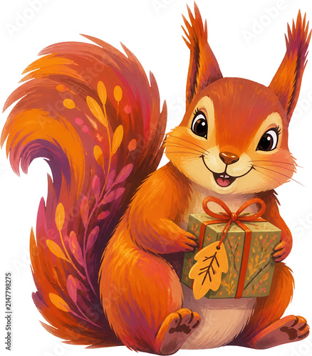 A cheerful red squirrel holding a gift box decorated with autumn leaves