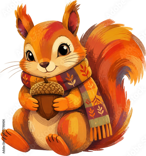 A cute cartoon squirrel holding an acorn while wearing a patterned scarf