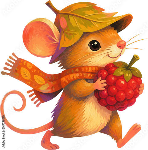A cute mouse wearing a leaf hat and scarf holding a raspberry