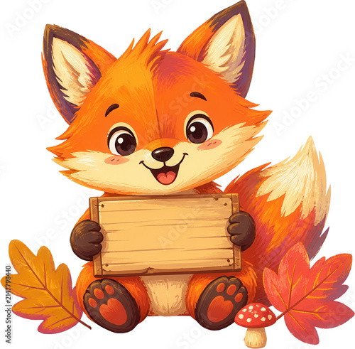 Cute cartoon fox holding a wooden sign surrounded by autumn leaves and mushrooms