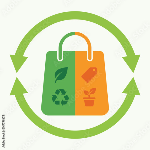 Sustainable shopping bag with recycle circular arrows icon.