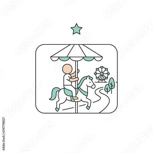 Amusement park carousel ride icon with horse and ferris wheel.
