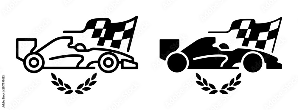 Fototapeta premium Formula 1 Racing Car Icons, Checkered Flag and Laurel Wreath Vector Graphics. Speed, Victory, Motorsport Symbols.