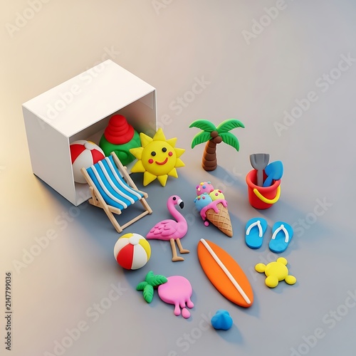 Collection of miniature 3d beach and summer holiday icons