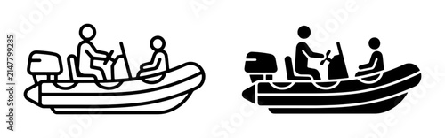 Inflatable Boat Icons, Two People Boating, Vector Set, Outline and Solid Styles, Nautical Transportation and Recreation