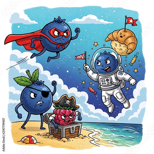 Cartoon fruit characters as superheroes pirates and astronauts