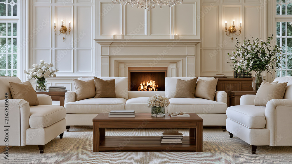 Fototapeta premium Elegant living room with white sofa, beige cushion, wooden coffee table, fireplace, chandelier, and floral decor create calm luxury vintage style