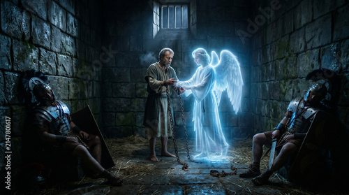 The Angel of the Lord freeing Peter from prison. Heavy iron chains silently falling off his wrists while the Roman guards sleep heavily