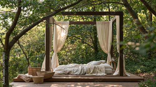Canopy Daybed with White Curtains in a Lush Forest Placed on a Wooden Platform Beneath Large Trees with Soft Bedding Draped Fabric and Dappled Sunlight