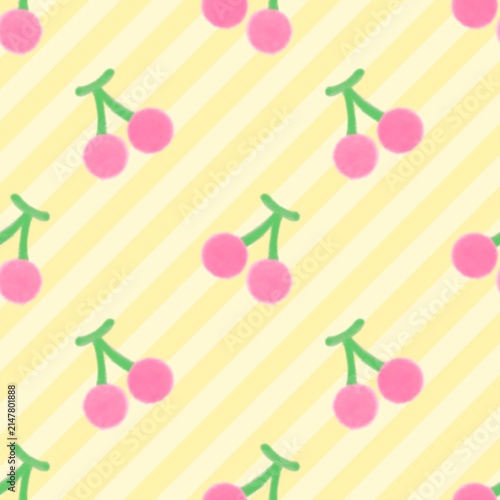 Cute cherry fruit seamless pattern on pastel yellow diagonal striped background