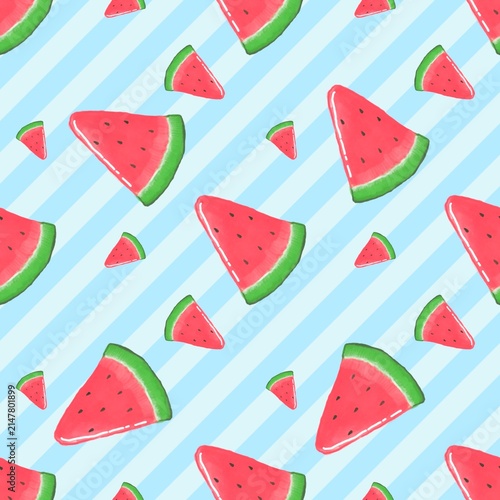 Fresh watermelon slices seamless pattern on sky blue diagonal striped background