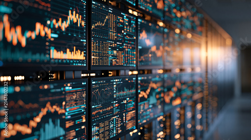 Rows of Financial Trading Screens Displaying Market Charts Inside a High Technology Data Center