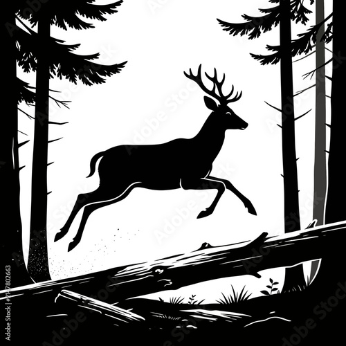 Deer silhouette leaping through forest black and white graphic