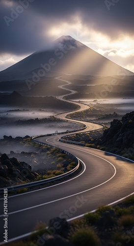 Sinuous mountain road winding toward a sunlit volcano peak