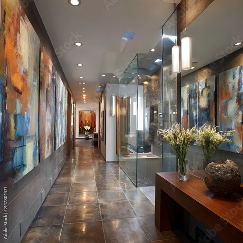 Sophisticated bathroom corridor with glass decor and floral wallpaper