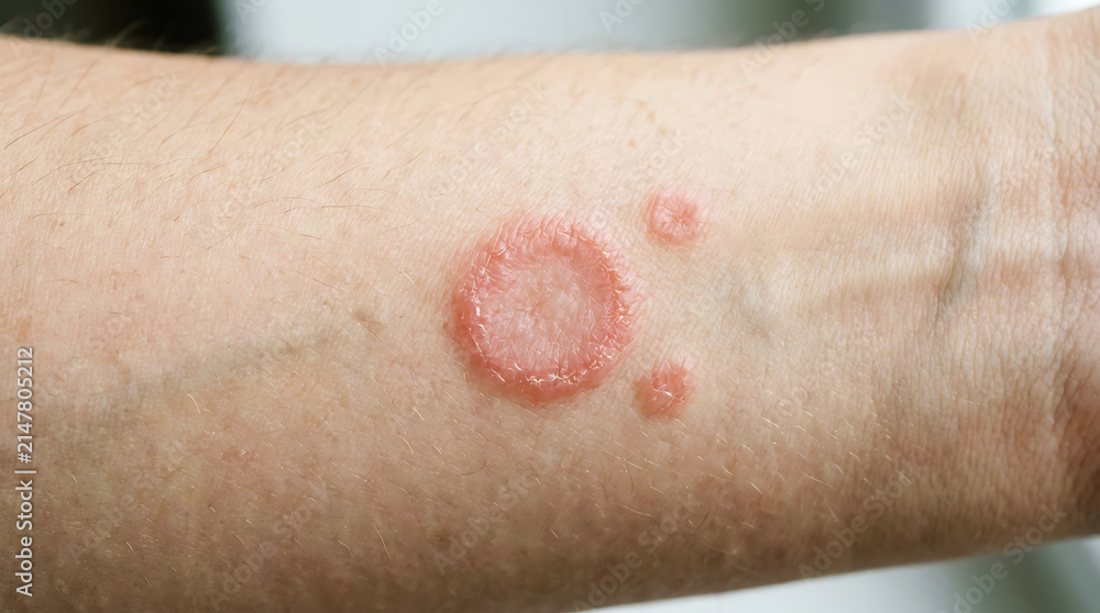 Fototapeta premium Red, scaly skin lesion on fair skin