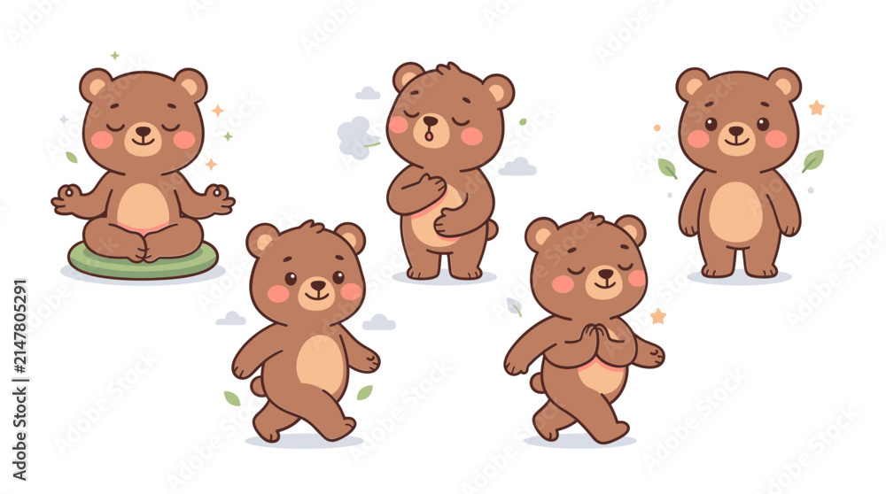 Fototapeta premium Cute Cartoon Bears in Various Happy Poses.