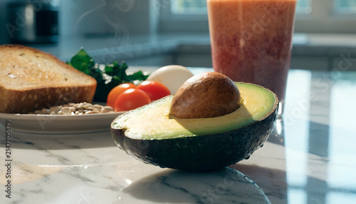 Sliced Avocado with Whole Grain Toast, Steaming Eggs, and Fresh Berry Smoothie