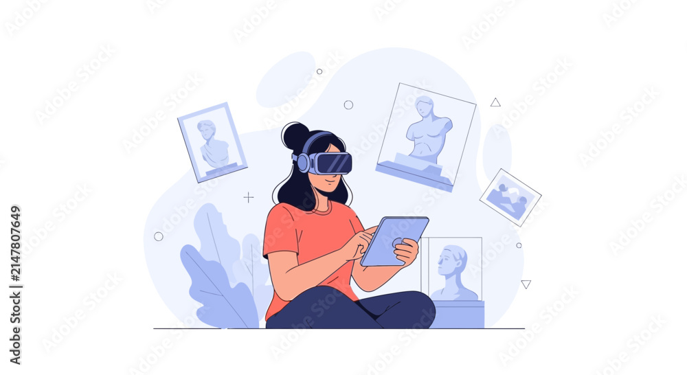 Obraz premium Woman using VR headset and tablet in virtual museum, interacting with digital art and sculptures