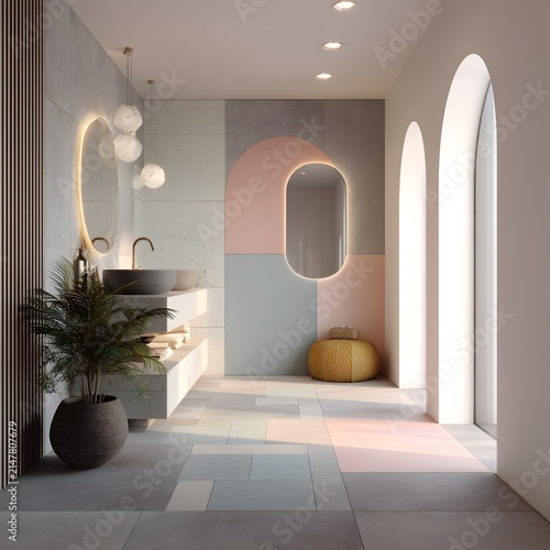 Spa bathroom design featuring arched hall and luxury vanity picture