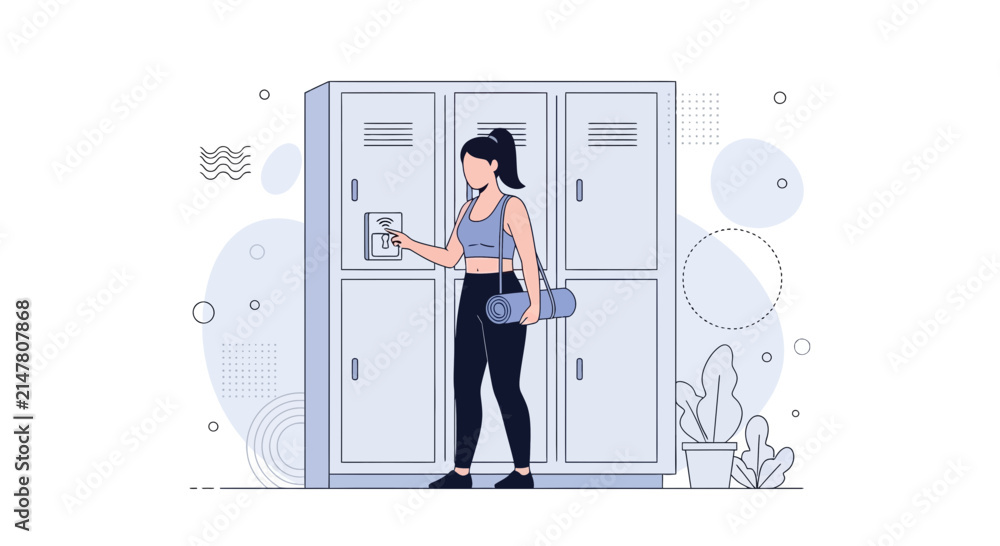 Obraz premium Woman with Gym Bag Using Locker in Modern Fitness Center Locker Room, Healthy Lifestyle Concept
