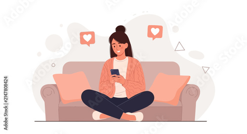 Young Woman Relaxing on Sofa with Smartphone, Receiving Social Media Likes