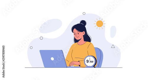 Woman working on laptop at desk with sun and clock showing 9 AM, modern flat vector illustration