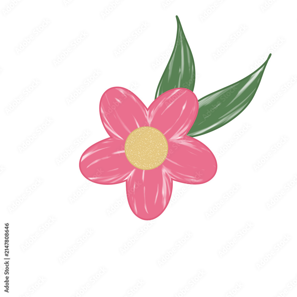 Fototapeta premium Flower and leaves cute illustration doodle that can be used for sticker, book, scrapbook, icon, decorative, etc. with aesthetic colorful green leaf and pink colors 