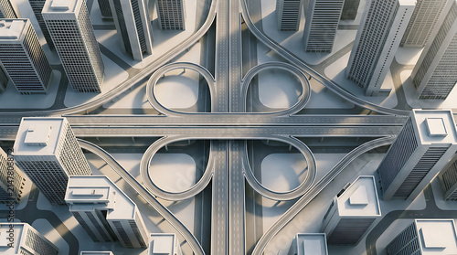 Modern Highway Interchange: An elevated view of a complex, modern highway interchange connecting a bustling city, showcasing sleek architectural design and efficient transportation flow.