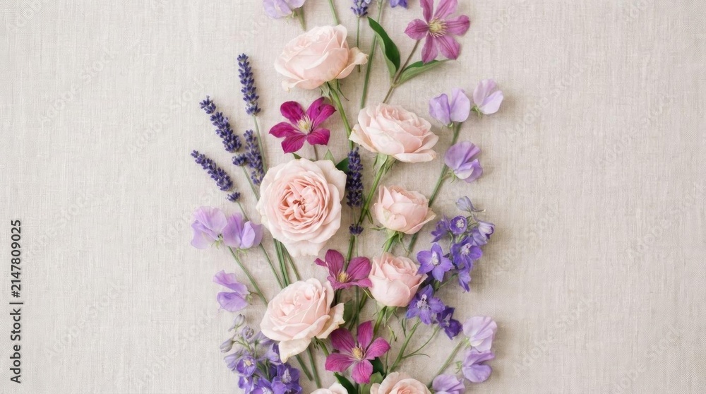 Fototapeta premium Pink roses and purple wildflowers in vertical floral layout