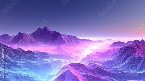 Abstract Neon Purple and Blue Flowing Wave Landscape with Layered Light Trails