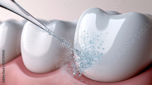 Water jet cleaning tooth enamel dental hygiene oral care healthy gum closeup white tooth cleaning freshness sparkling water