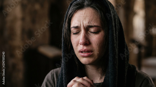 Hannah praying silently in the tabernacle with moving lips and no sound, while Eli the priest watches her suspiciously