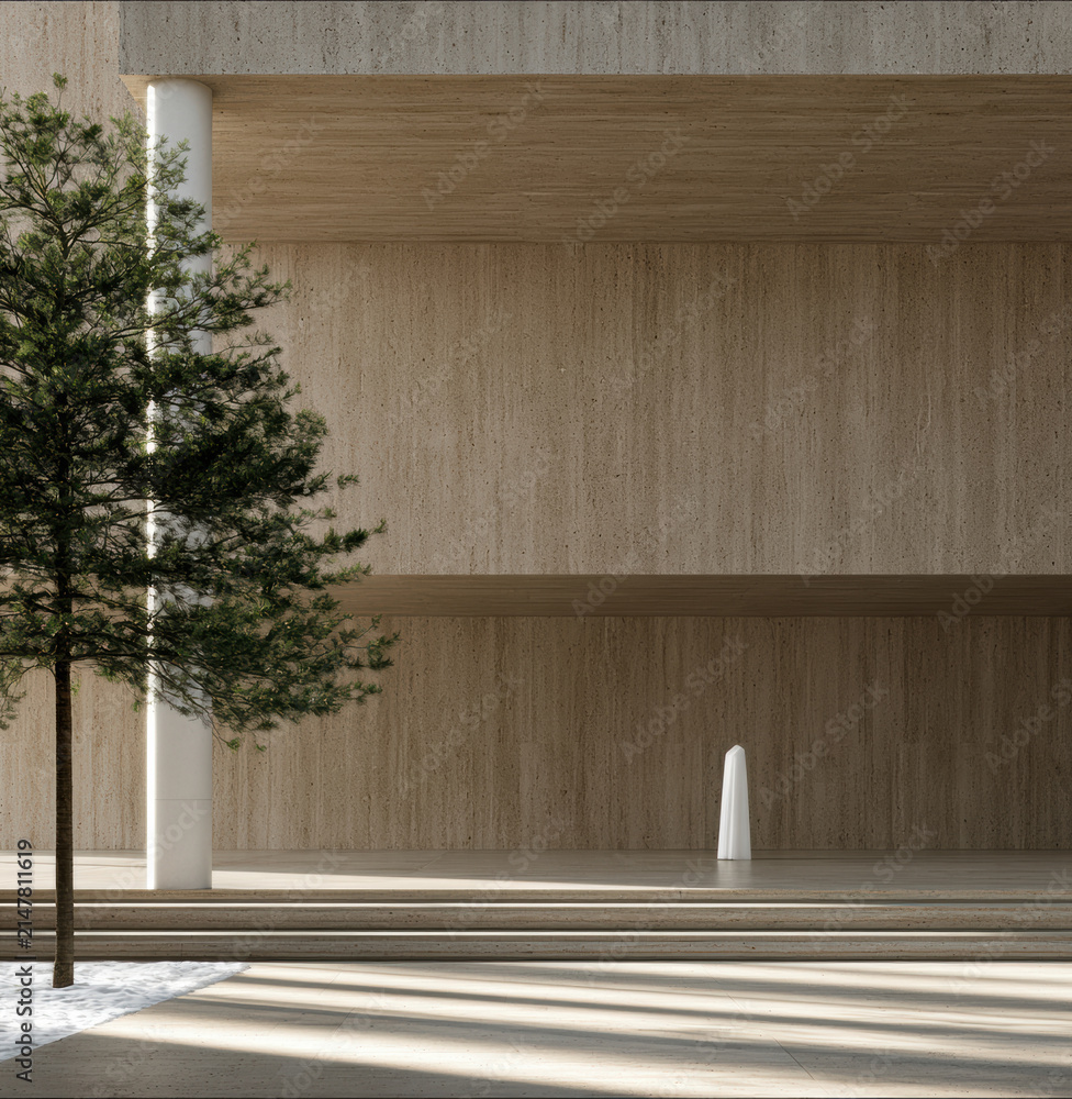 Fototapeta premium Minimalist architecture monumental sculptural building modern design natural light tree serene open space high fidelity