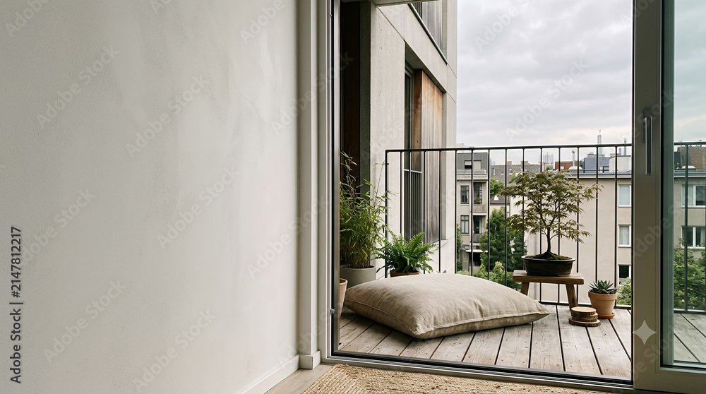 Obraz premium Cozy urban balcony with floor cushion and bonsai viewed from indoors