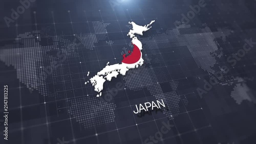 Japan map with national flag on digital world map background, geographic border, global political and international news concept